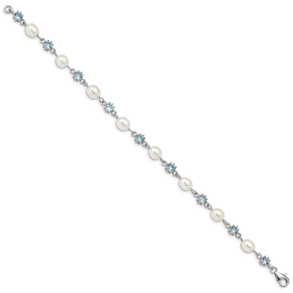 Rhodium-Plated Sterling Silver Bracelet with Blue CZ & Pearls