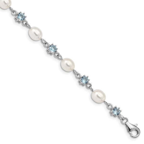 Rhodium-Plated Sterling Silver Bracelet with Blue CZ & Pearls