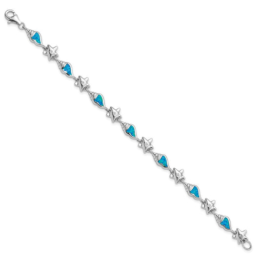 High-Quality Rhodium-Plated Sterling Silver Starfish Bracelet - 7.25 Inches, Affordable CZ & Opal