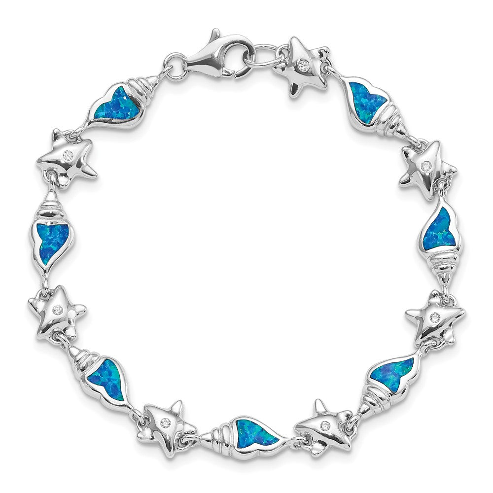 High-Quality Rhodium-Plated Sterling Silver Starfish Bracelet - 7.25 Inches, Affordable CZ & Opal