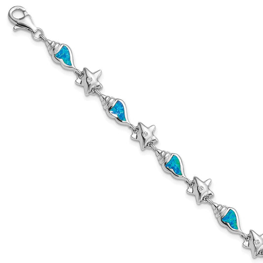 High-Quality Rhodium-Plated Sterling Silver Starfish Bracelet - 7.25 Inches, Affordable CZ & Opal