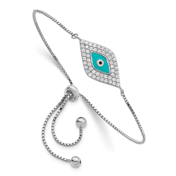 Adjustable Sterling Silver Bracelet with CZ & Blue Enamel Eye