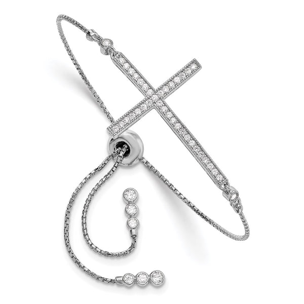 Rhodium-Plated Sterling Silver Adjustable Cross Bracelet