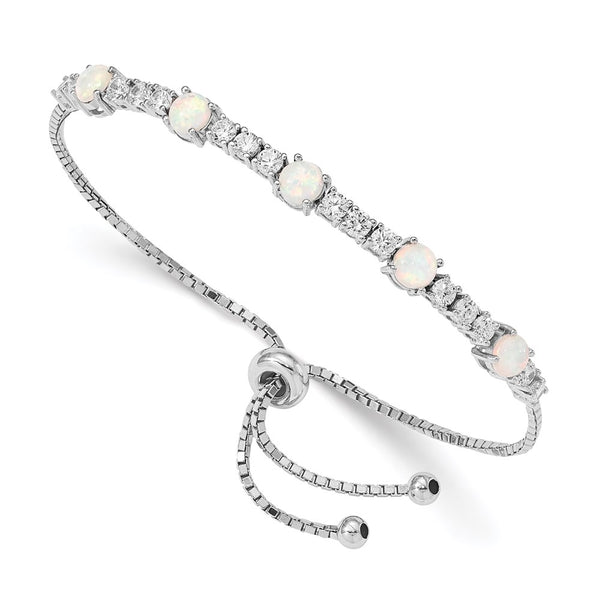 Adjustable Sterling Silver Bracelet - Rhodium Plated, Opal CZ