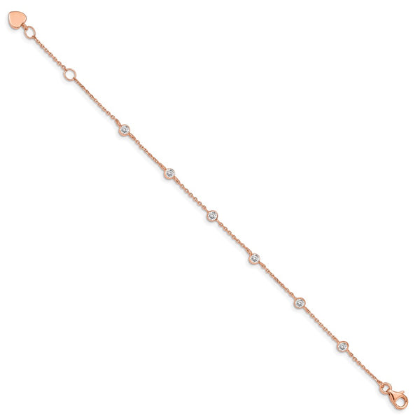 Sterling Silver Rose Gold-Plated CZ Heart Bracelet, 0.75" Extender