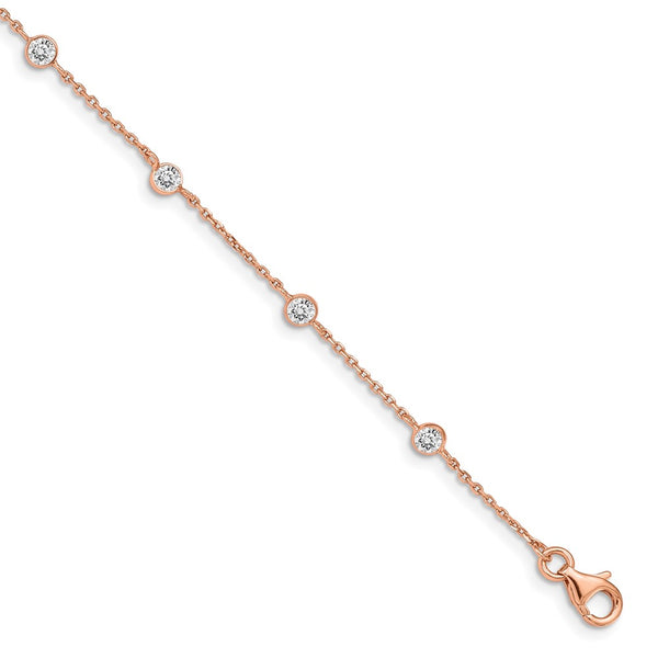Sterling Silver Rose Gold-Plated CZ Heart Bracelet, 0.75" Extender