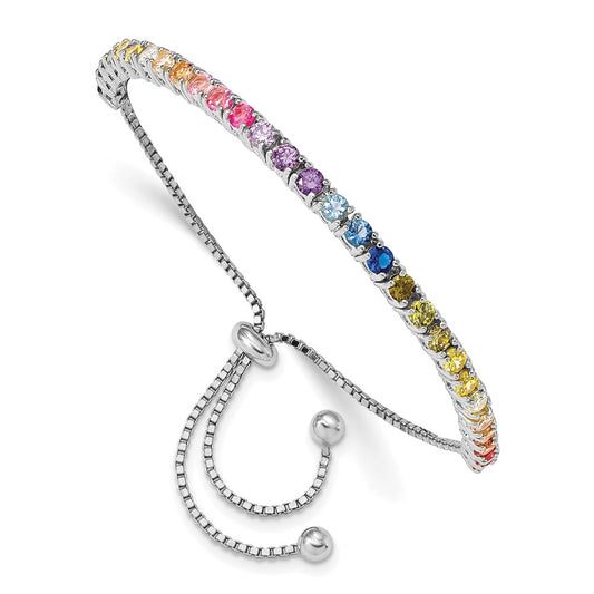 Shop Stylish Prizma Adjustable Bolo Bracelet - 3mm Colorful CZ in Rhodium-Plated Silver