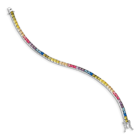 Buy Stylish 7.25" Channel-Set Colorful CZ Bracelet in Rhodium-Plated Silver