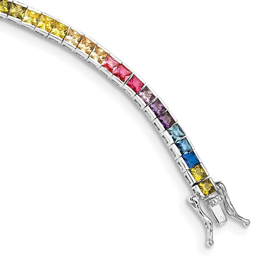 Buy Stylish 7.25" Channel-Set Colorful CZ Bracelet in Rhodium-Plated Silver