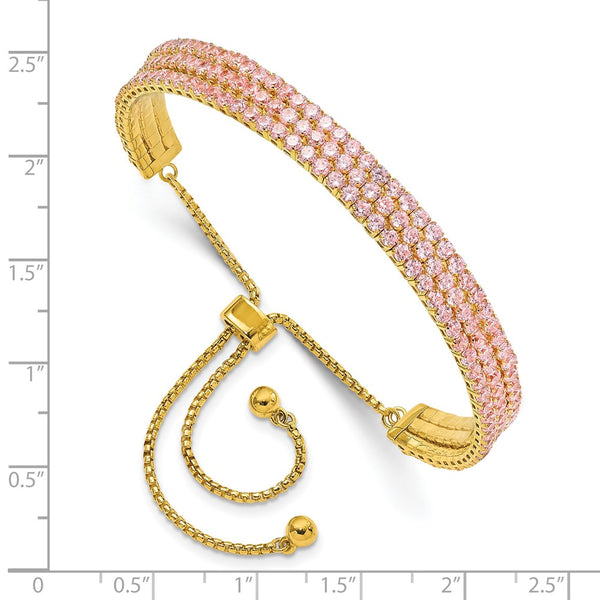 Gold Tone Adjustable Bracelet with Triple Light Pink CZ 14K