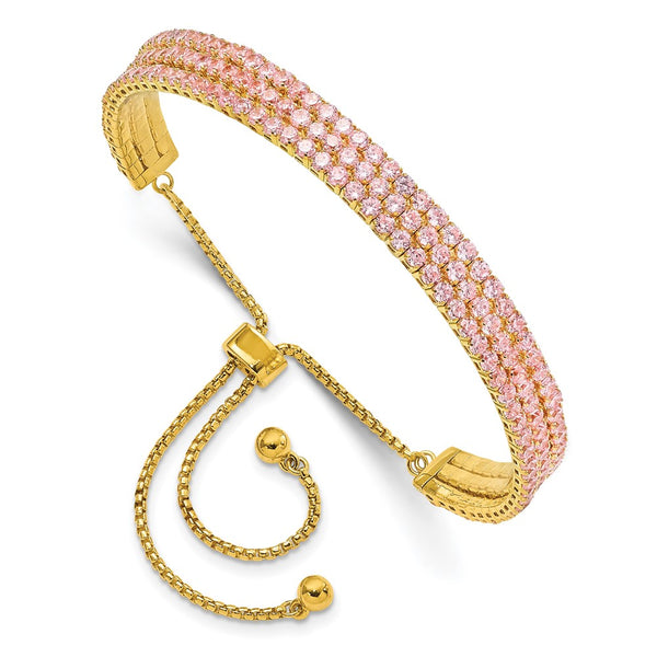 Gold Tone Adjustable Bracelet with Triple Light Pink CZ 14K
