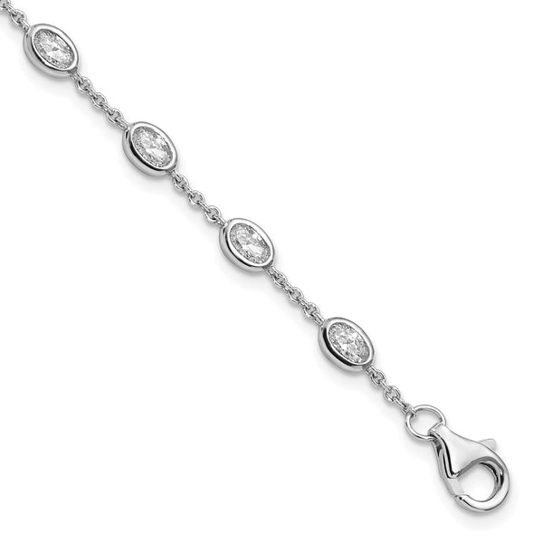 Rhodium-Plated Sterling Silver Oval CZ Bracelet - 1-Inch Ext.