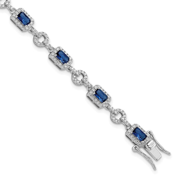Rhodium-Plated Sterling Silver Bracelet - 7.75", CZ Blue Stone