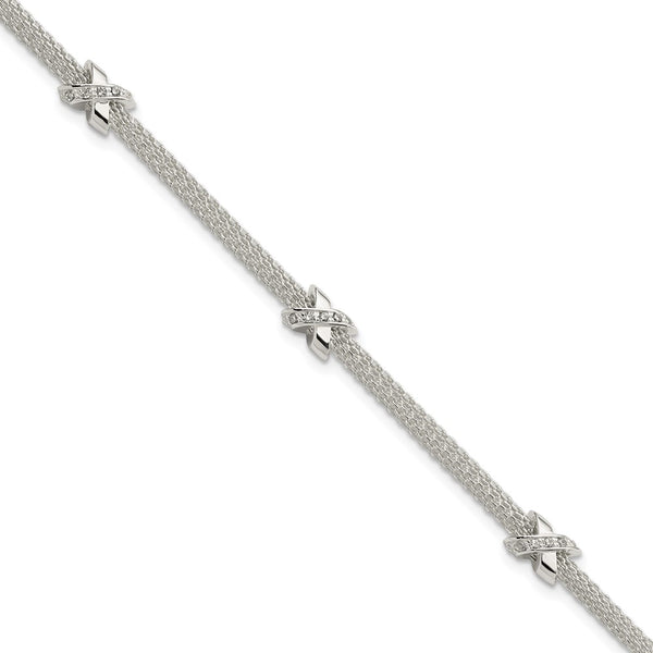 Polished Sterling Silver Rhodium-Plated CZ Bracelet - 1-Inch Extension