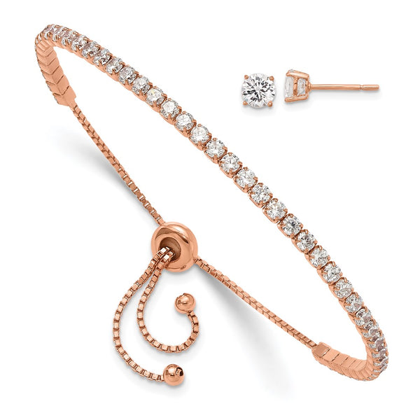 Rose Gold-tone Silver Bracelet & Earring Set with CZ Accents