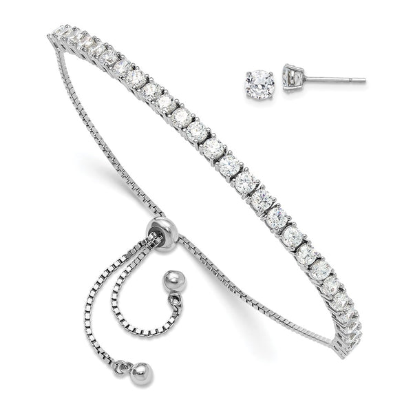 Rhodium-Plated Sterling Silver Adjustable Bracelet & CZ Earrings Set