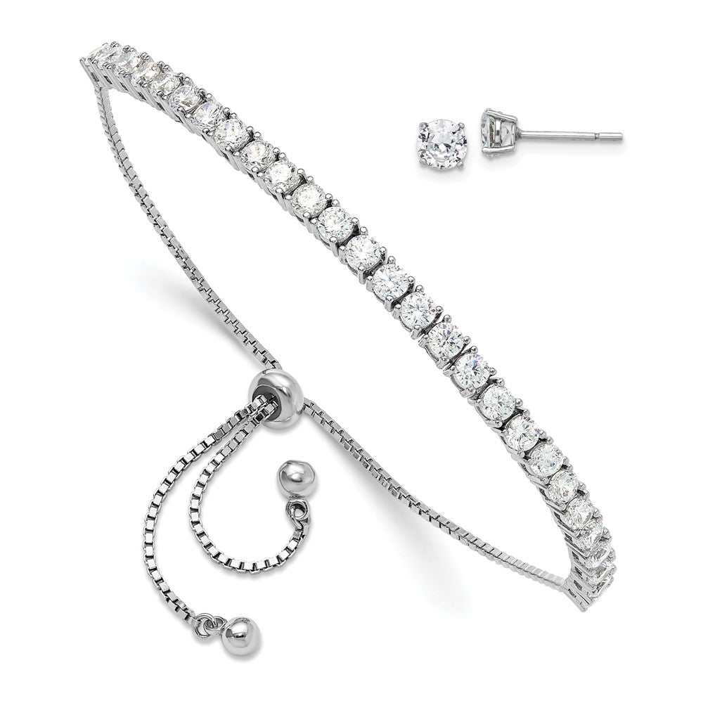 Shop Stylish Rhodium-Plated Sterling Silver Adjustable Bracelet & CZ Earrings Set