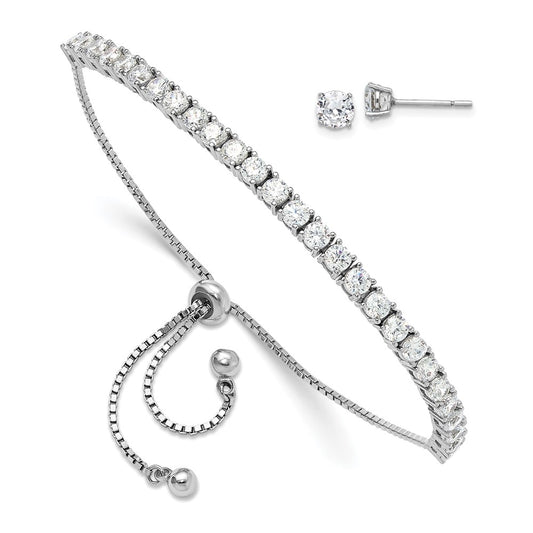 Shop Stylish Rhodium-Plated Sterling Silver Adjustable Bracelet & CZ Earrings Set