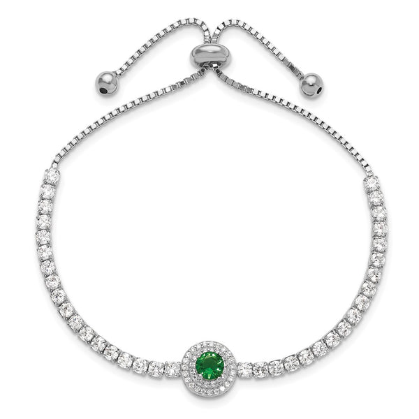 Adjustable Sterling Silver Bracelet with CZ & Green Glass Accents