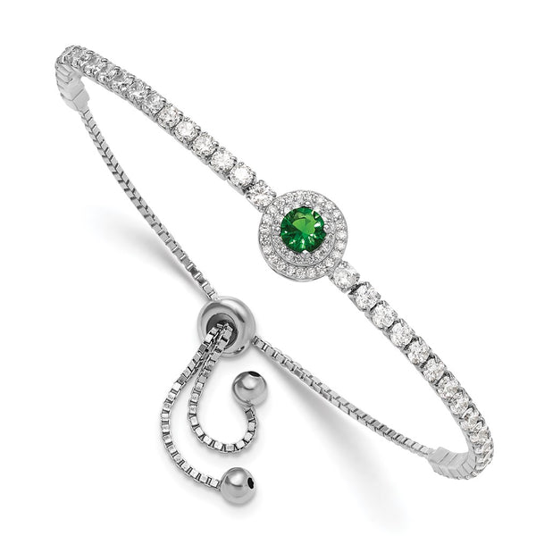 Adjustable Sterling Silver Bracelet with CZ & Green Glass Accents