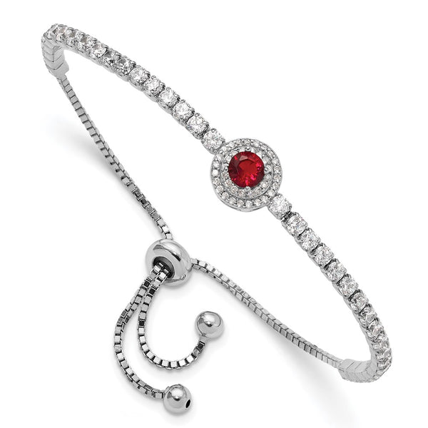 Adjustable Sterling Silver Bracelet with CZ & Red Glass Accents
