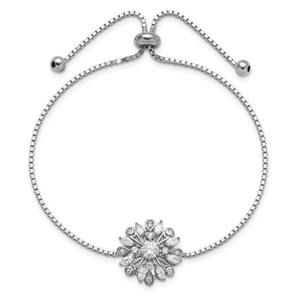 Rhodium-Plated Sterling Silver Bolo Bracelet with Floral CZ