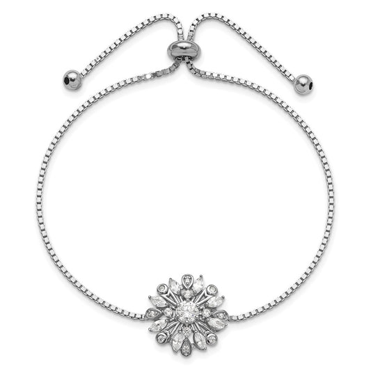 Exclusive Rhodium-Plated Sterling Silver Bolo Bracelet with Floral CZ - Stylish Design