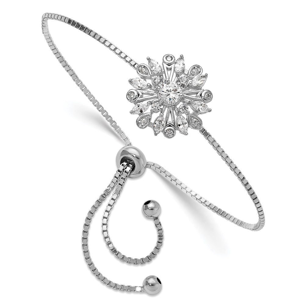 Exclusive Rhodium-Plated Sterling Silver Bolo Bracelet with Floral CZ - Stylish Design