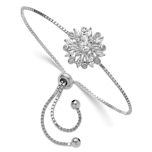 Exclusive Rhodium-Plated Sterling Silver Bolo Bracelet with Floral CZ - Stylish Design