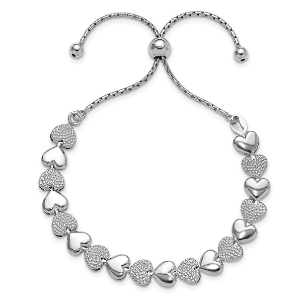 Adjustable Bolo Bracelet with Hearts in Rhodium-Plated Silver