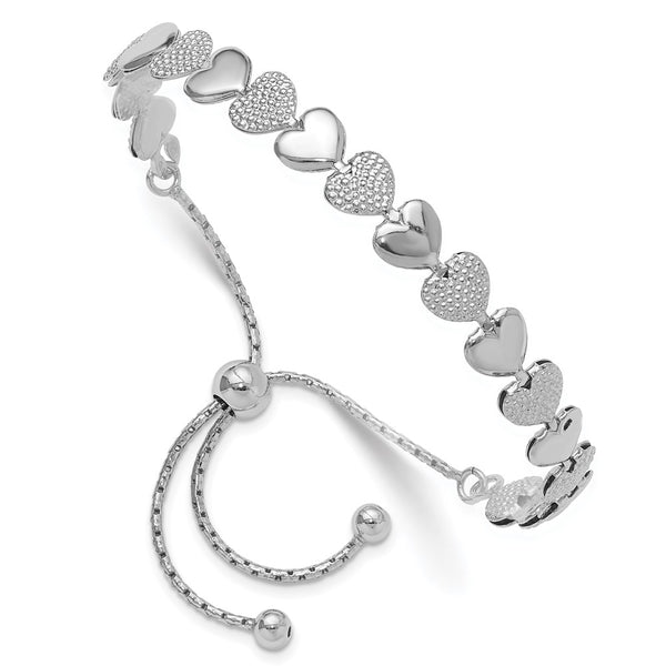 Adjustable Bolo Bracelet with Hearts in Rhodium-Plated Silver
