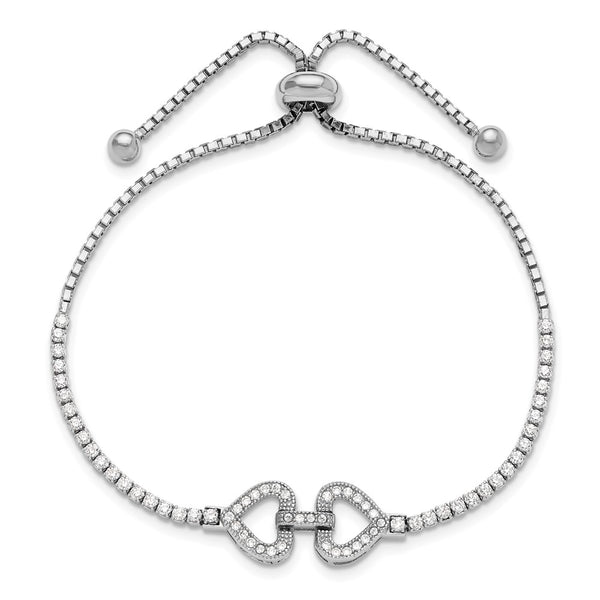 Rhodium-Plated Sterling Silver Adjustable Bracelet, CZ Hearts