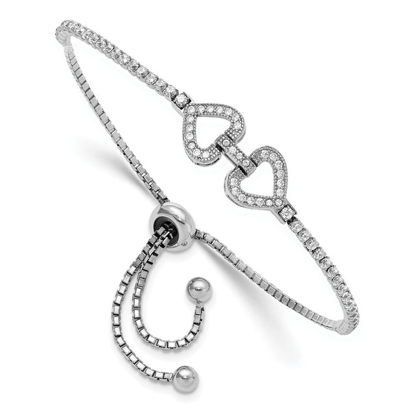 Rhodium-Plated Sterling Silver Adjustable Bracelet, CZ Hearts