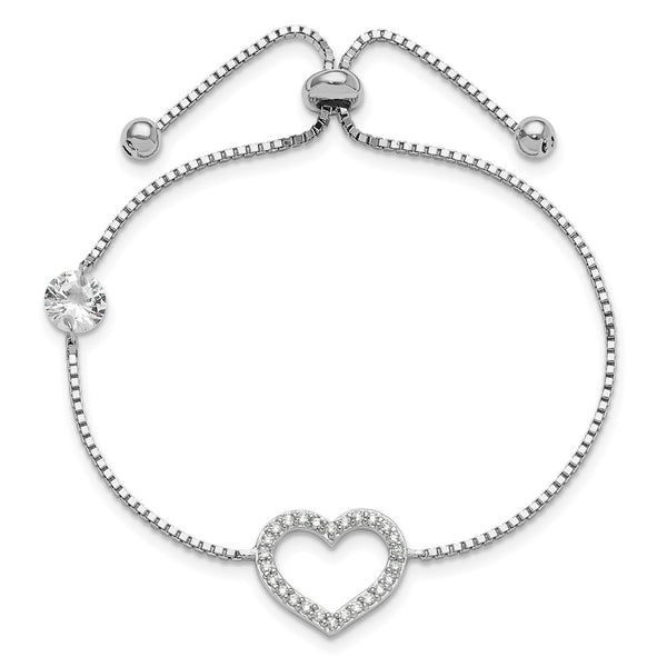 Rhodium-Plated Sterling Silver CZ Open Heart Bracelet - Adjustable