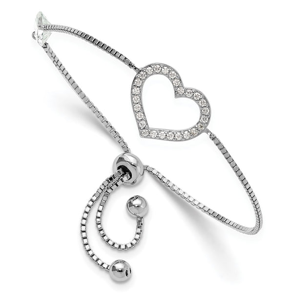Rhodium-Plated Sterling Silver CZ Open Heart Bracelet - Adjustable