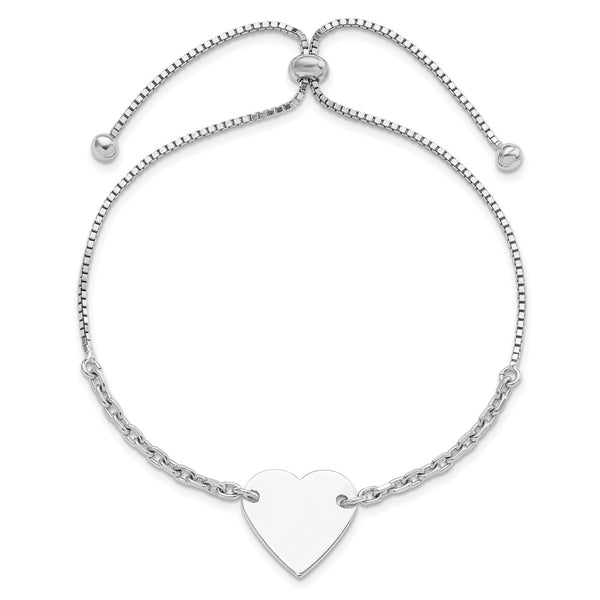 Rhodium-Plated Heart Disc Adjustable Bracelet in Sterling Silver