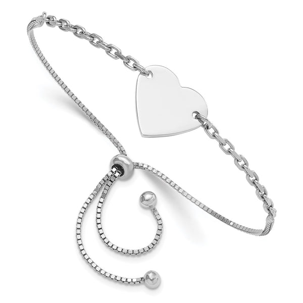 Rhodium-Plated Heart Disc Adjustable Bracelet in Sterling Silver