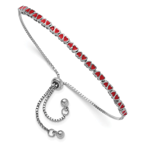 Rhodium-Plated Sterling Silver Adjustable Bracelet with Heart Charms