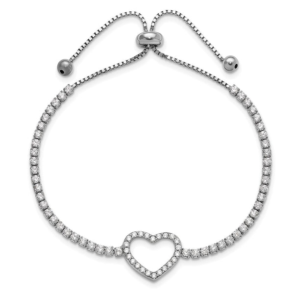 Rhodium-Plated Sterling Silver Adjustable Heart Bracelet - CZ Accents
