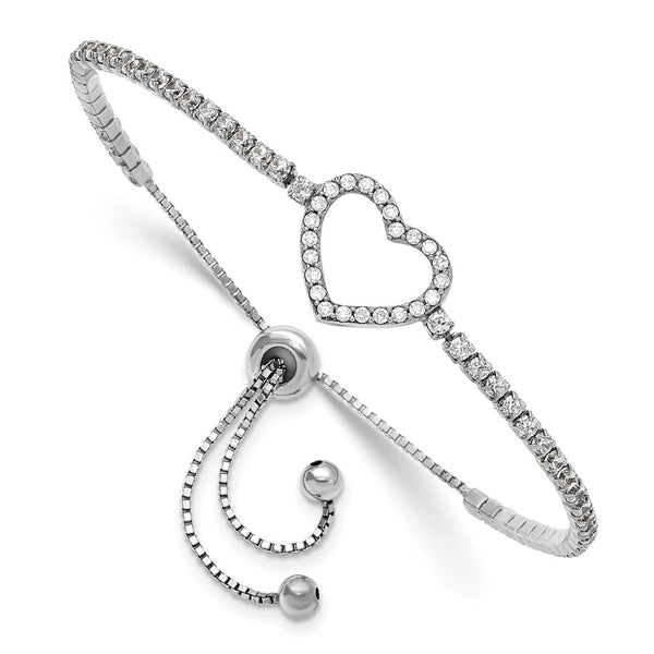 Rhodium-Plated Sterling Silver Adjustable Heart Bracelet - CZ Accents