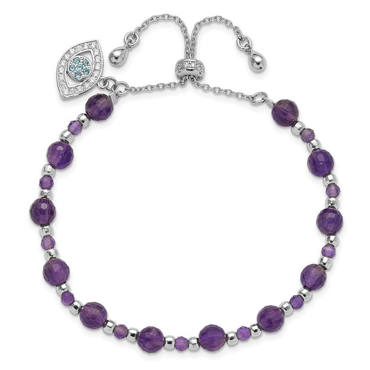 Exclusive Adjustable Amethyst Bracelet - Stylish Rhodium-Plated Stainless Steel with CZ & Blue Glass.