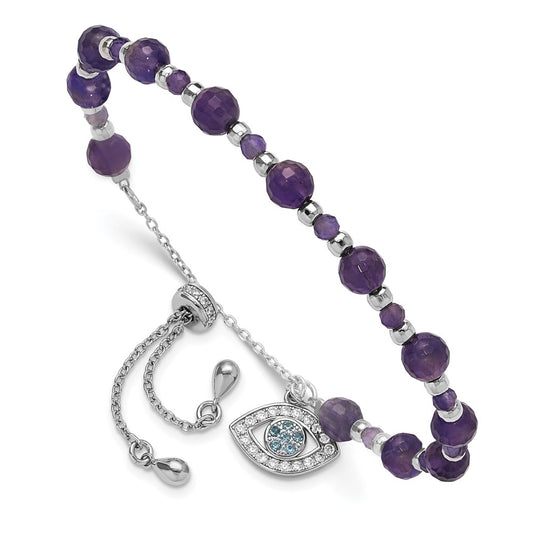 Exclusive Adjustable Amethyst Bracelet - Stylish Rhodium-Plated Stainless Steel with CZ & Blue Glass.