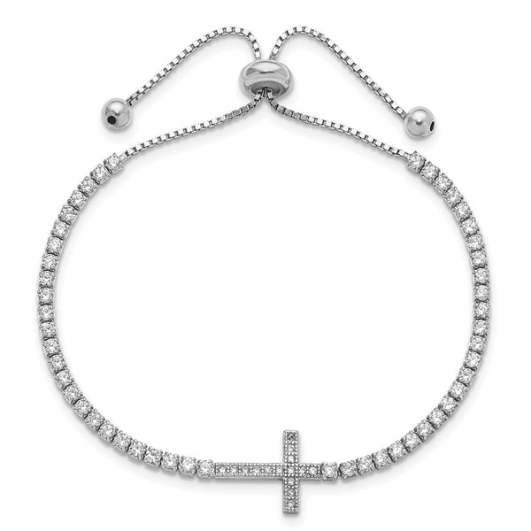 Adjustable Sterling Silver CZ Sideways Cross Bracelet