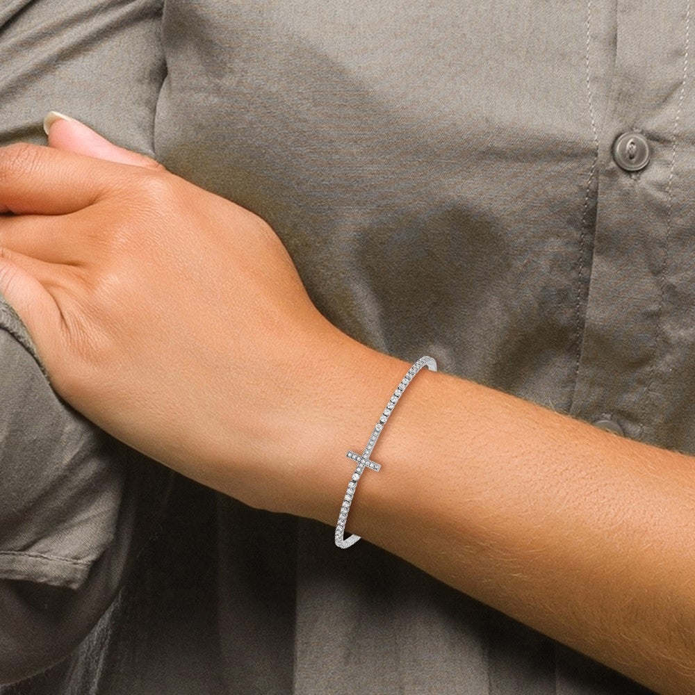 High-Quality Adjustable Sterling Silver CZ Sideways Cross Bracelet - Stylish Value