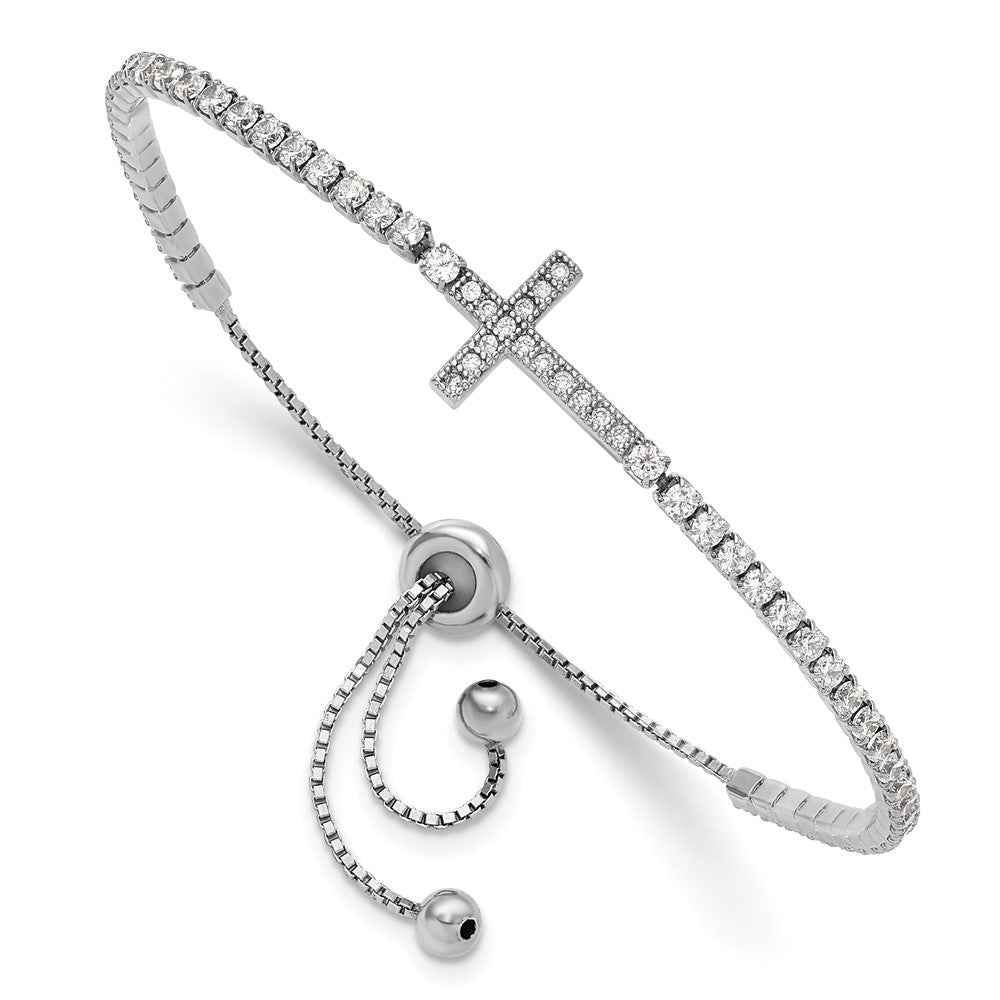 High-Quality Adjustable Sterling Silver CZ Sideways Cross Bracelet - Stylish Value