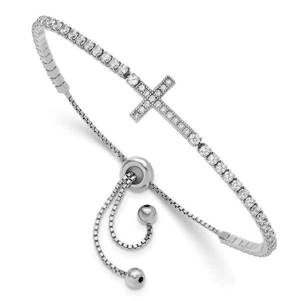 Adjustable Sterling Silver CZ Sideways Cross Bracelet