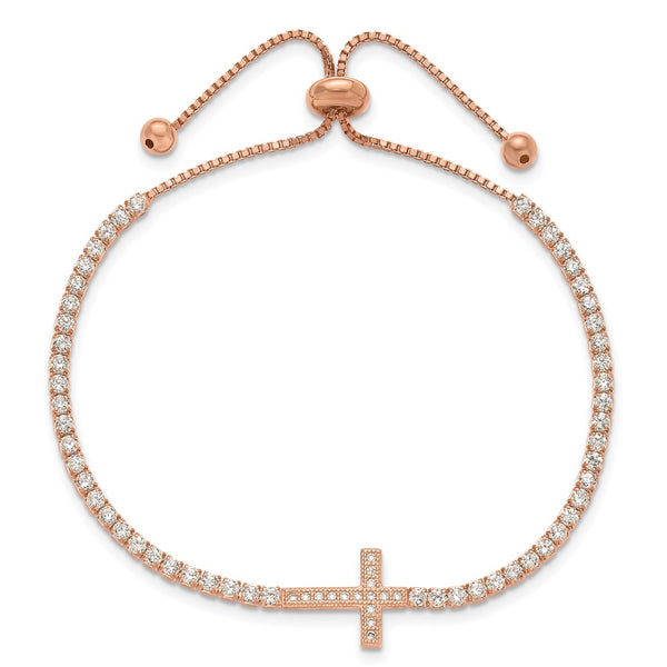 Adjustable Sterling Silver Rose Gold-tone CZ Sideways Cross Bracelet