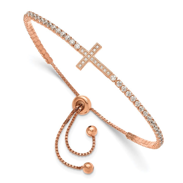 Adjustable Sterling Silver Rose Gold-tone CZ Sideways Cross Bracelet