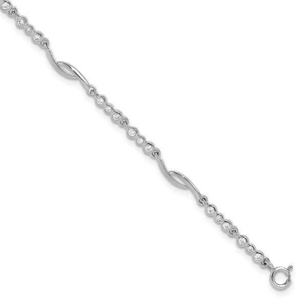 2-Inch Extension Polished Sterling Silver Bracelet with CZ Accents