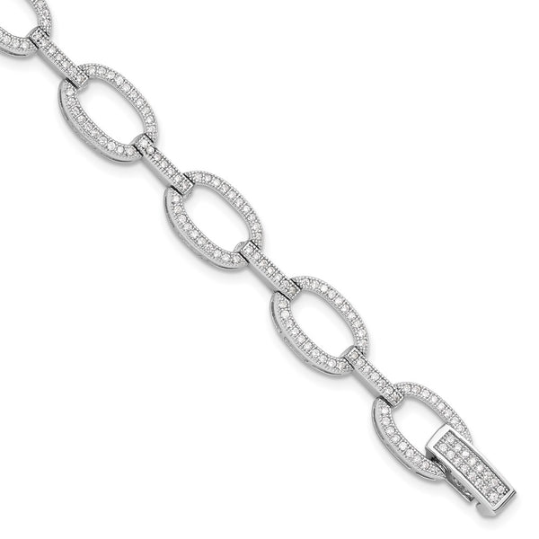 Rhodium-Plated Sterling Silver Oval Link Bracelet, 7.5" CZ